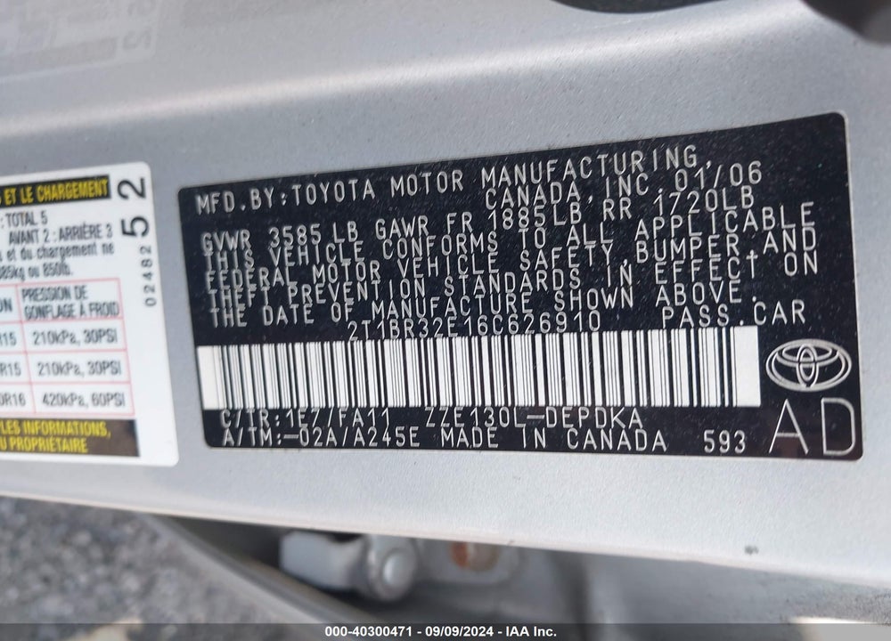 2006 TOYOTA COROLLA CE VIN: 2T1BR32E16C626910
