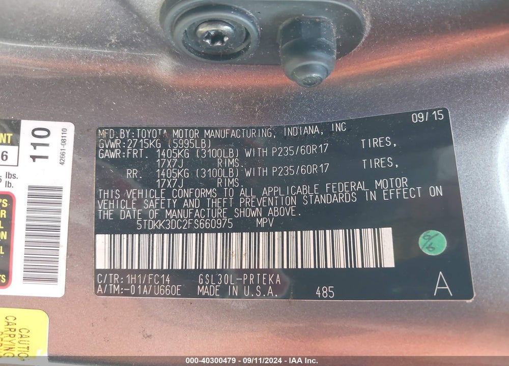 2015 TOYOTA SIENNA LE 8 PASSENGER VIN: 5TDKK3DC2FS660975