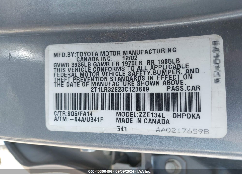 2003 TOYOTA MATRIX STANDARD VIN: 2T1LR32E23C123869