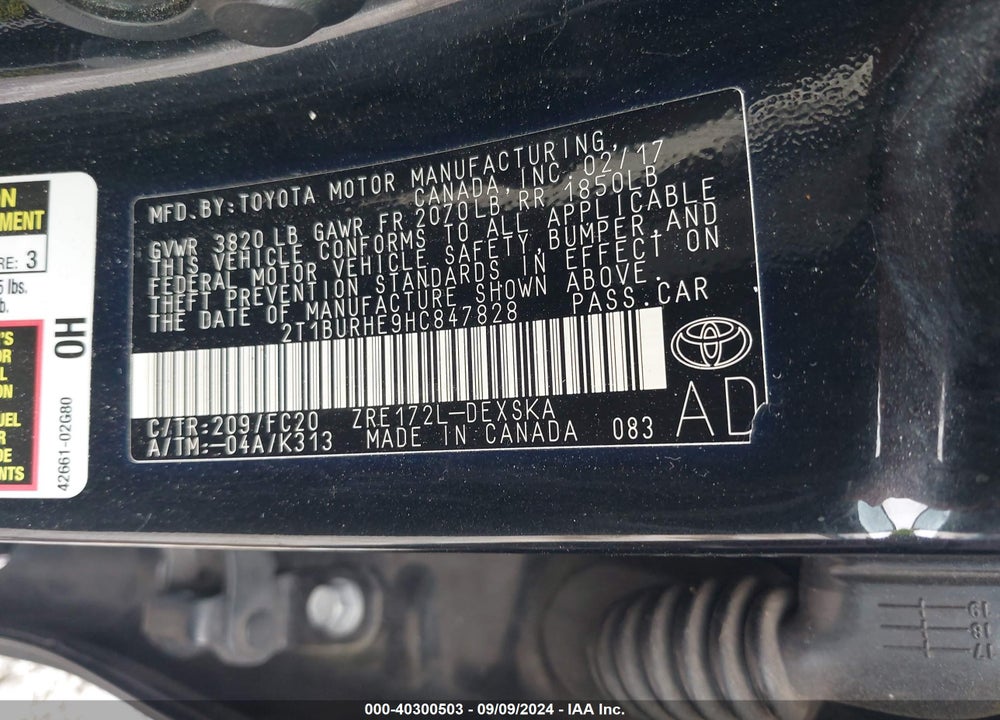2017 TOYOTA COROLLA SE VIN: 2T1BURHE9HC847828