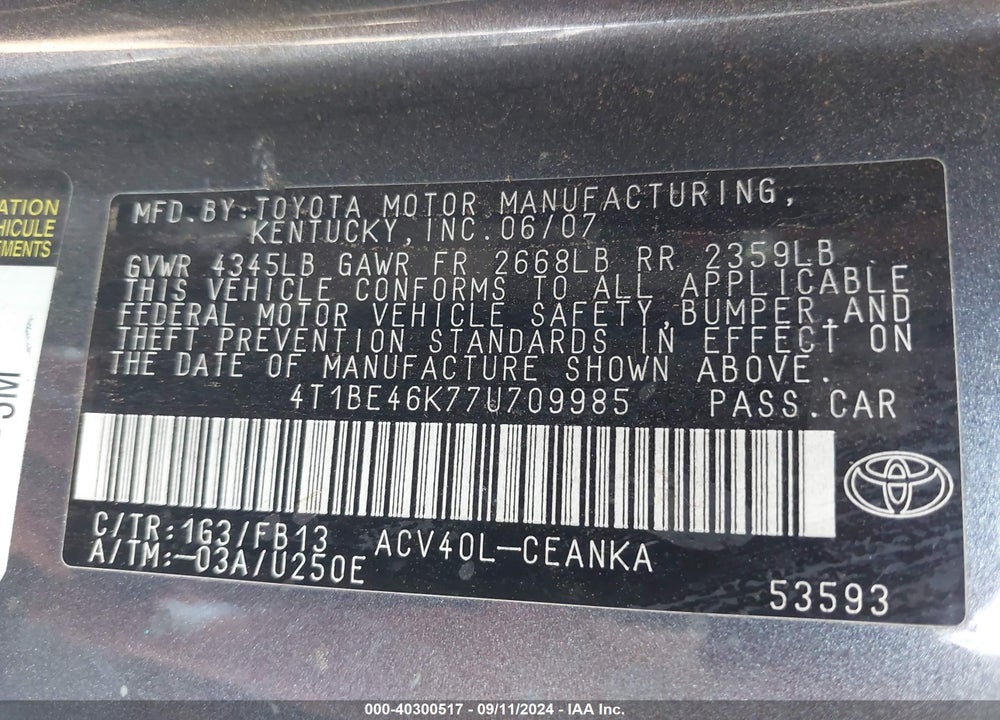 2007 TOYOTA CAMRY LE VIN: 4T1BE46K77U709985