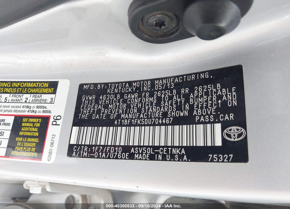 2013 TOYOTA CAMRY LE VIN: 4T1BF1FK5DU704467