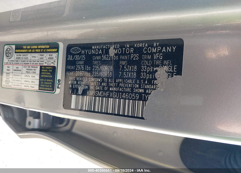 2016 HYUNDAI SANTA FE SE VIN: KM8SMDHFXGU146059