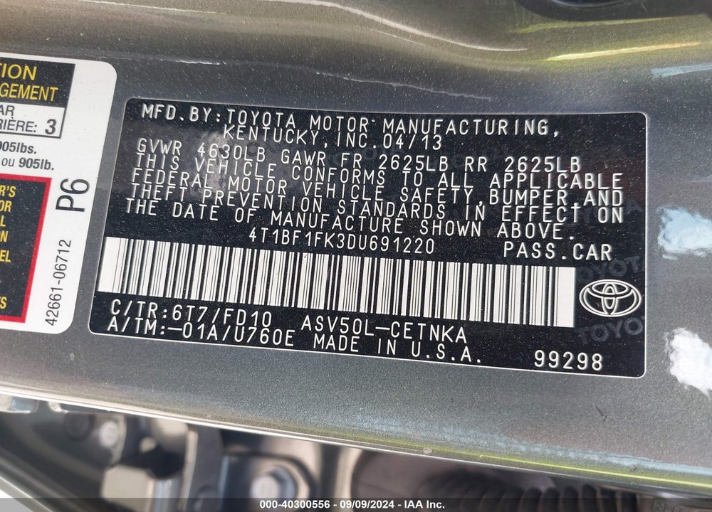 2013 TOYOTA CAMRY VIN: 4T1BF1FK3DU691220