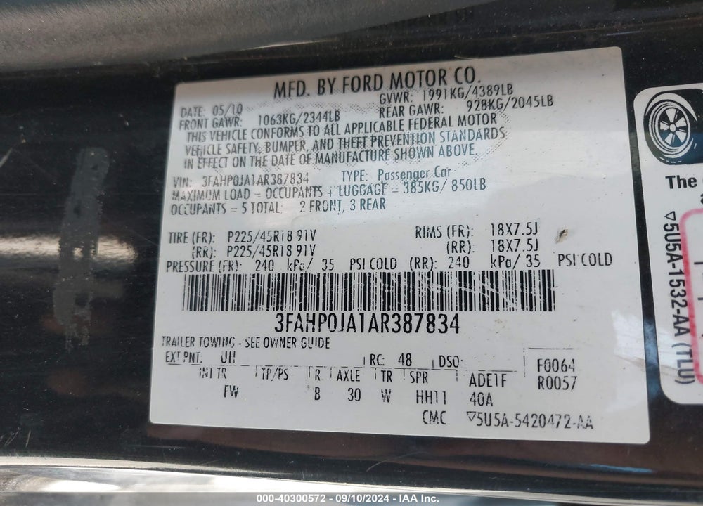 2010 FORD FUSION SEL VIN: 3FAHP0JA1AR387834