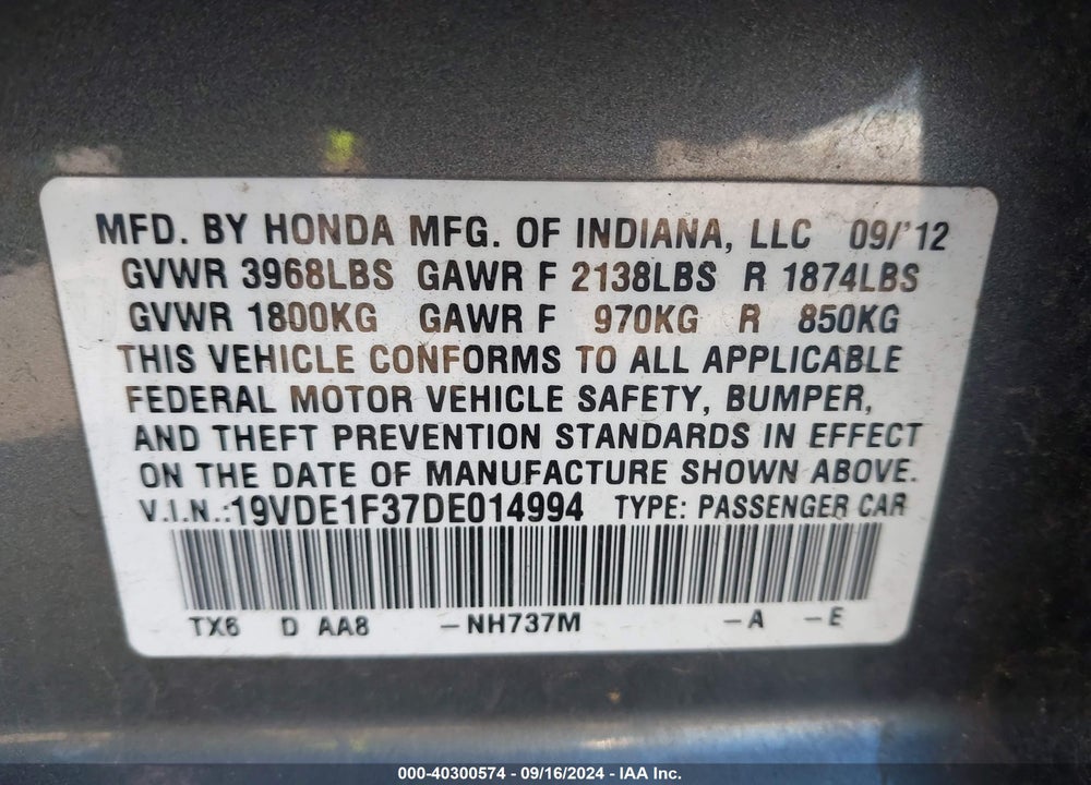 2013 ACURA ILX 2.0L VIN: 19VDE1F37DE014994