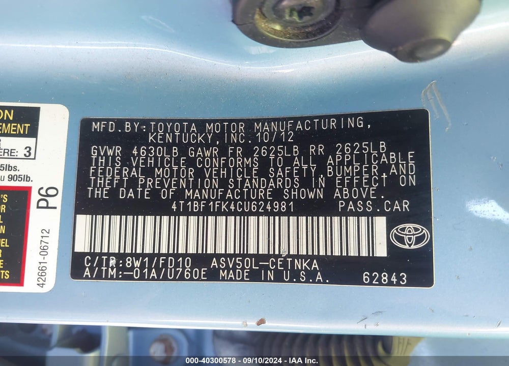 2012 TOYOTA CAMRY LE VIN: 4T1BF1FK4CU624981