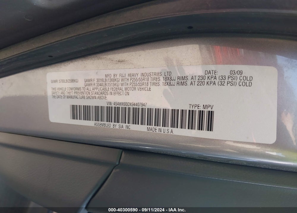 2009 SUBARU TRIBECA LIMITED 5-PASSENGER VIN: 4S4WX93DX94407947
