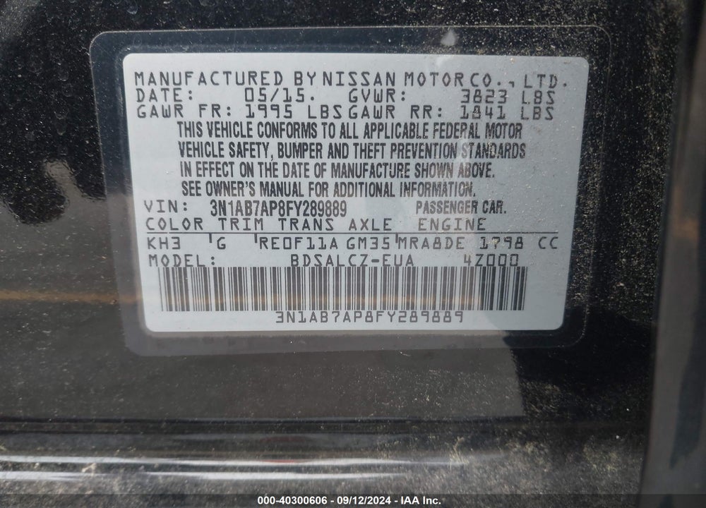 2015 NISSAN SENTRA S VIN: 3N1AB7AP8FY289889