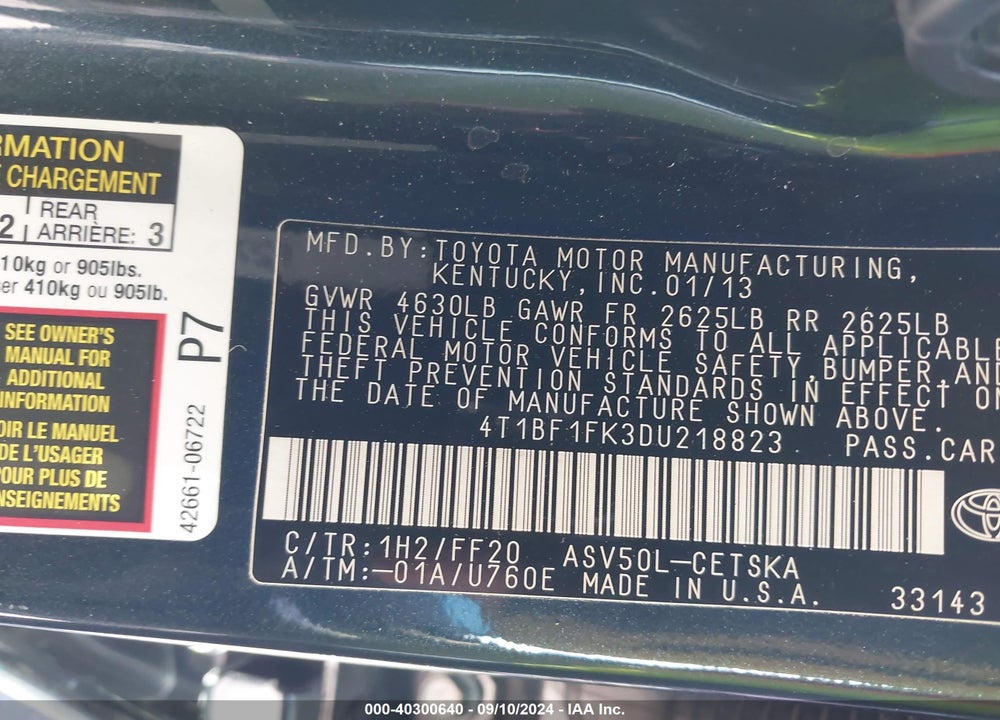 2013 TOYOTA CAMRY SE VIN: 4T1BF1FK3DU218823
