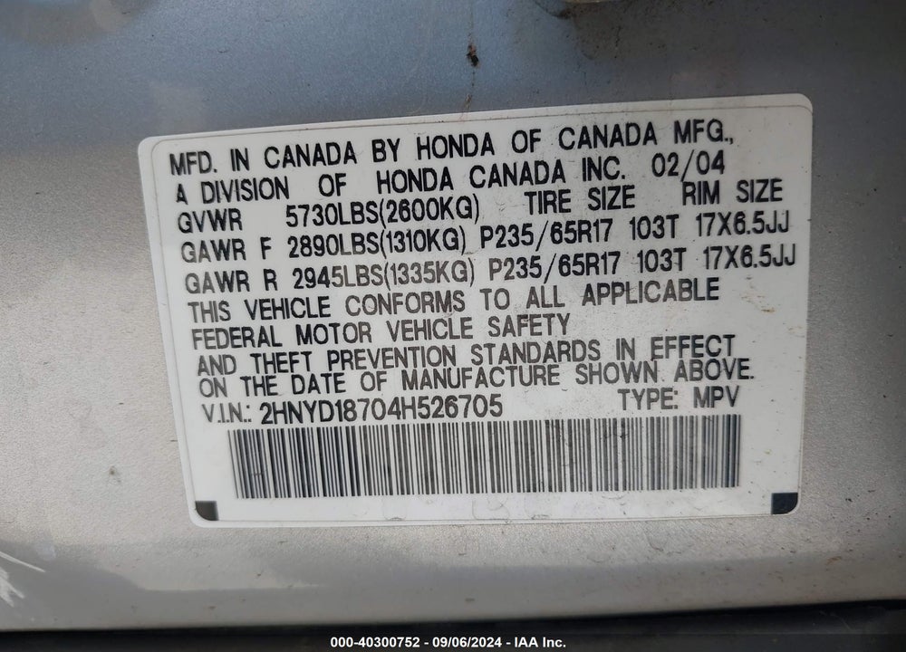 2004 ACURA MDX VIN: 2HNYD18704H526705