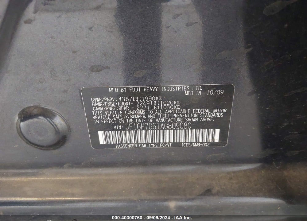 2010 SUBARU IMPREZA WRX VIN: JF1GH7G61AG809080