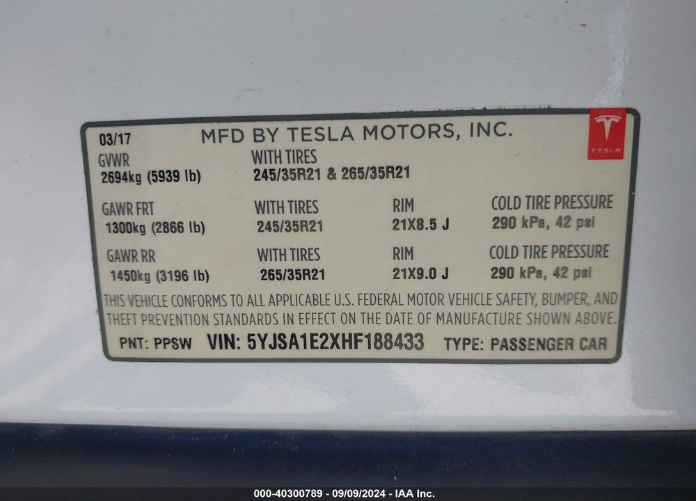 2017 TESLA MODEL S 100D/60D/75D/90D/P100D VIN: 5YJSA1E2XHF188433