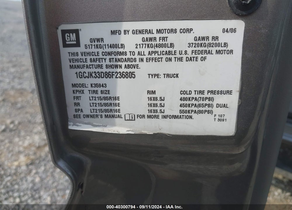 2006 CHEVROLET SILVERADO 3500 LT3 VIN: 1GCJK33D86F236805