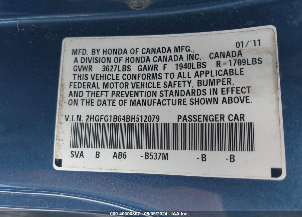 2011 HONDA CIVIC LX VIN: 2HGFG1B64BH512079