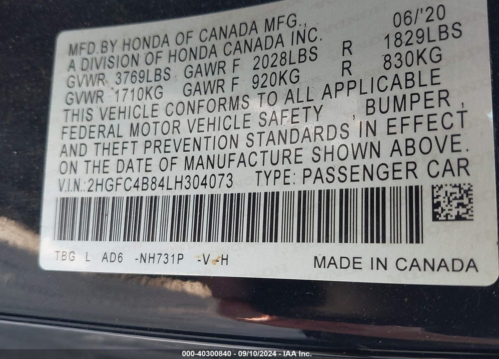 2020 HONDA CIVIC SPORT VIN: 2HGFC4B84LH304073