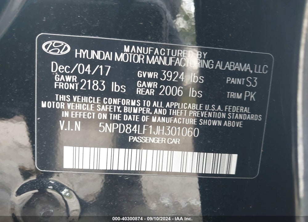 2018 HYUNDAI ELANTRA SEL VIN: 5NPD84LF1JH301060