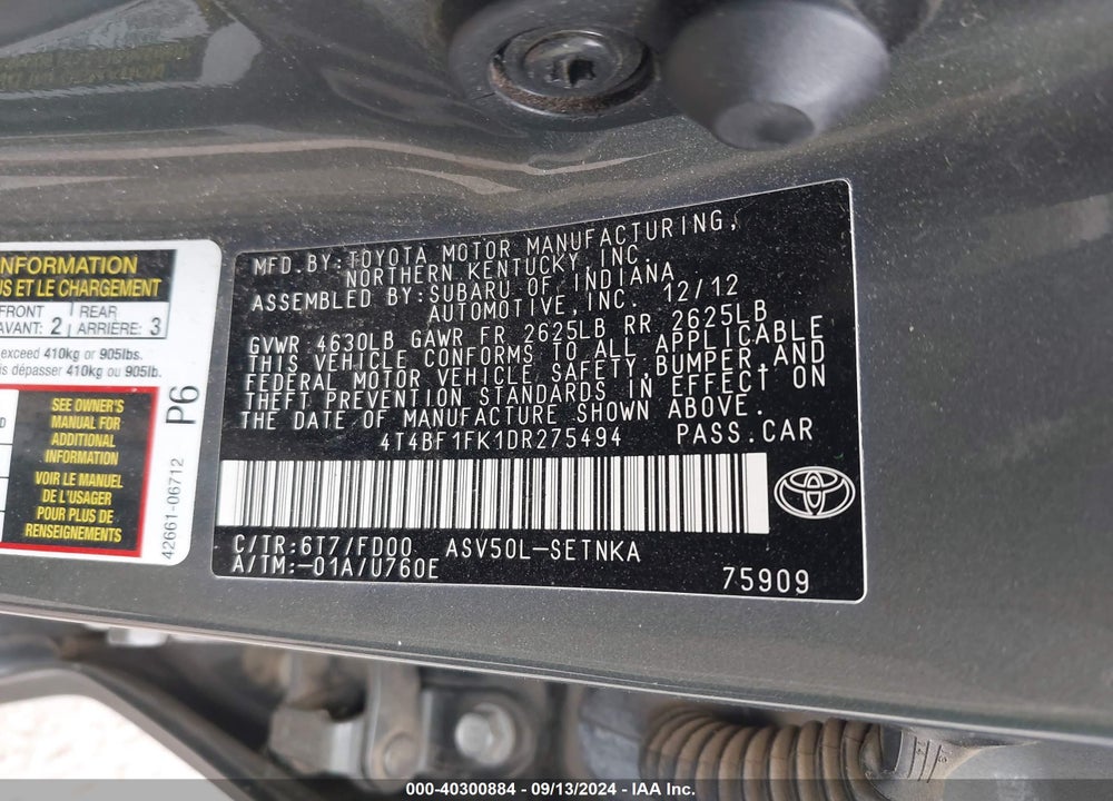 2013 TOYOTA CAMRY LE VIN: 4T4BF1FK1DR275494