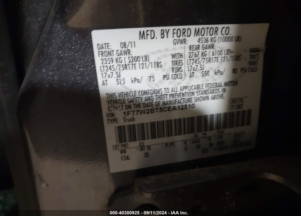 2012 FORD F-250 XLT VIN: 1FT7W2BT5CEA12510