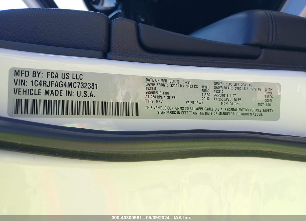 2021 JEEP GRAND CHEROKEE LAREDO E 4X4 VIN: 1C4RJFAG4MC732381