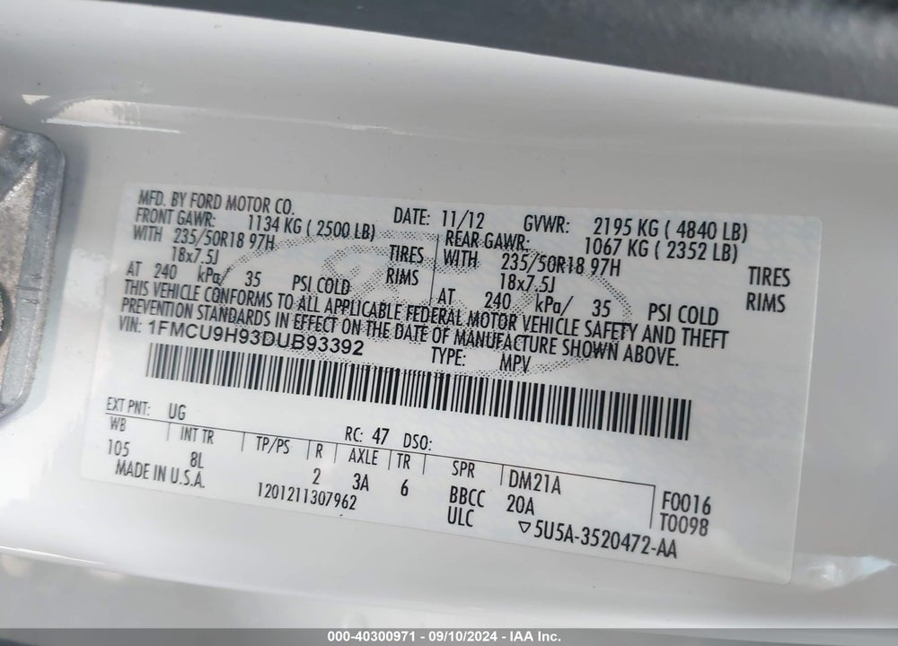 2013 FORD ESCAPE SEL VIN: 1FMCU9H93DUB93392