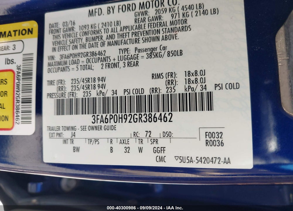 2016 FORD FUSION SE VIN: 3FA6P0H92GR386462