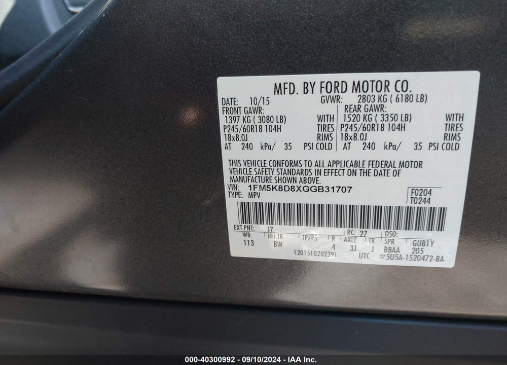 2016 FORD EXPLORER XLT VIN: 1FM5K8D8XGGB31707