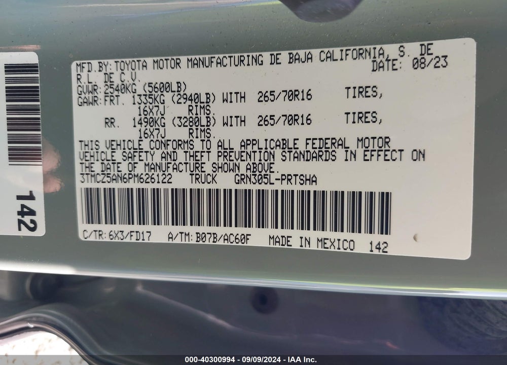 2023 TOYOTA TACOMA TRD OFF ROAD VIN: 3TMCZ5AN6PM626122