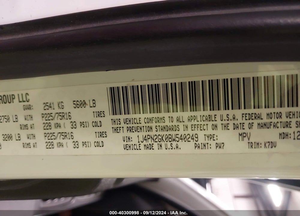 2011 JEEP LIBERTY SPORT VIN: 1J4PN2GK0BW540249