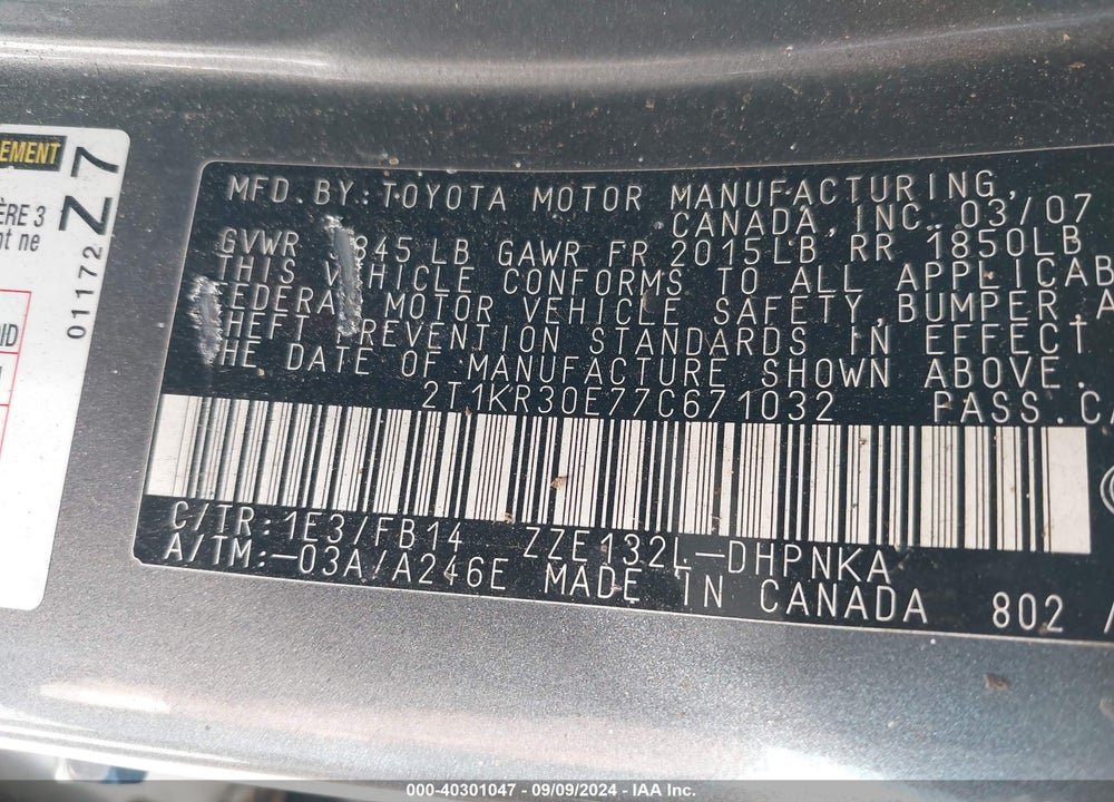 2007 TOYOTA MATRIX VIN: 2T1KR30E77C671032
