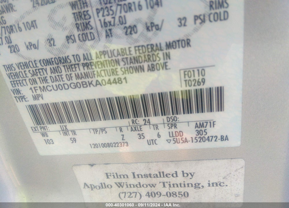 2011 FORD ESCAPE XLT VIN: 1FMCU0DG0BKA04481
