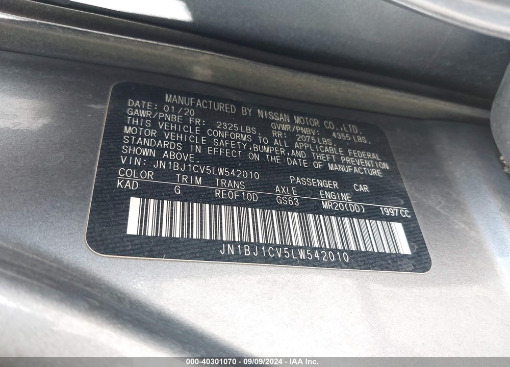 2020 NISSAN ROGUE SPORT S FWD XTRONIC CVT VIN: JN1BJ1CV5LW542010