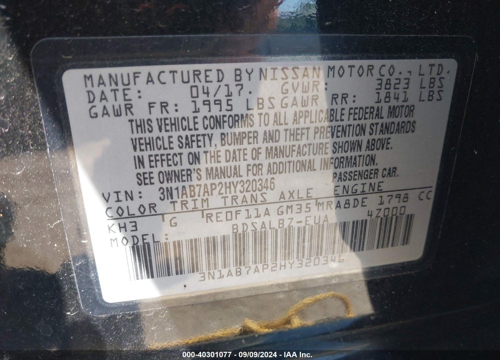 2017 NISSAN SENTRA S VIN: 3N1AB7AP2HY320346