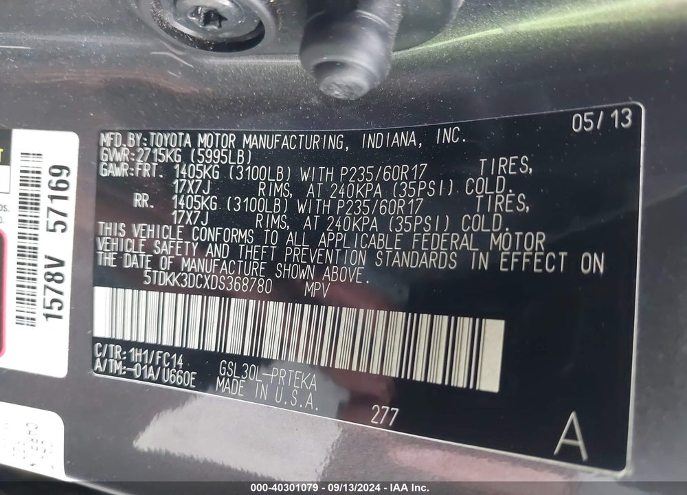 2013 TOYOTA SIENNA LE V6 8 PASSENGER VIN: 5TDKK3DCXDS368780