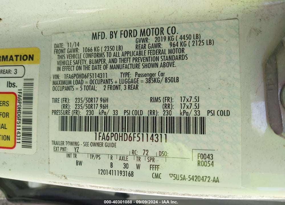 2015 FORD FUSION SE VIN: 1FA6P0HD6F5114311