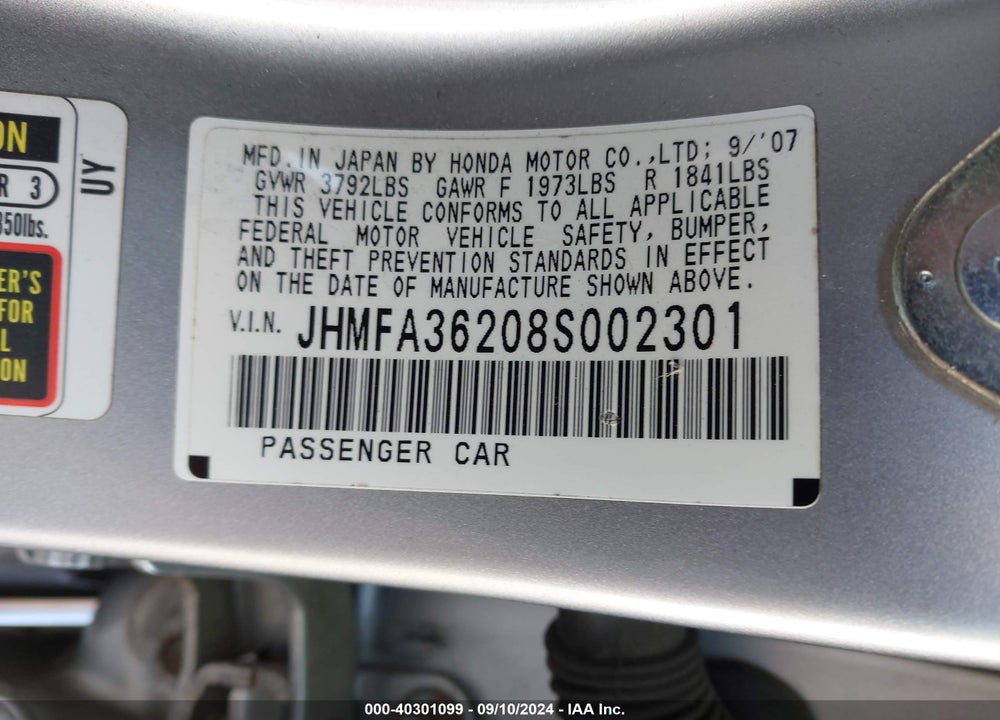 2008 HONDA CIVIC HYBRID VIN: JHMFA36208S002301