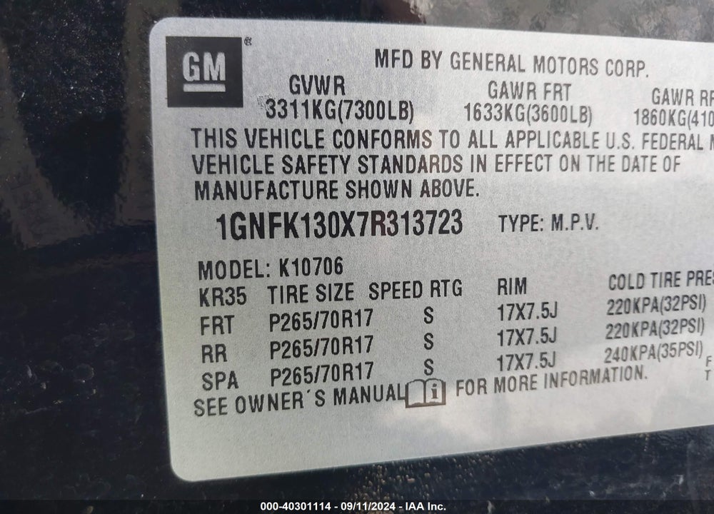 2007 CHEVROLET TAHOE LS VIN: 1GNFK130X7R313723