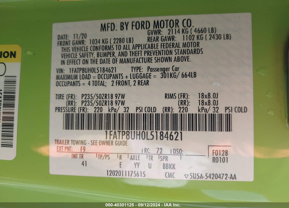 2020 FORD MUSTANG ECOBOOST PREMIUM VIN: 1FATP8UH0L5184621
