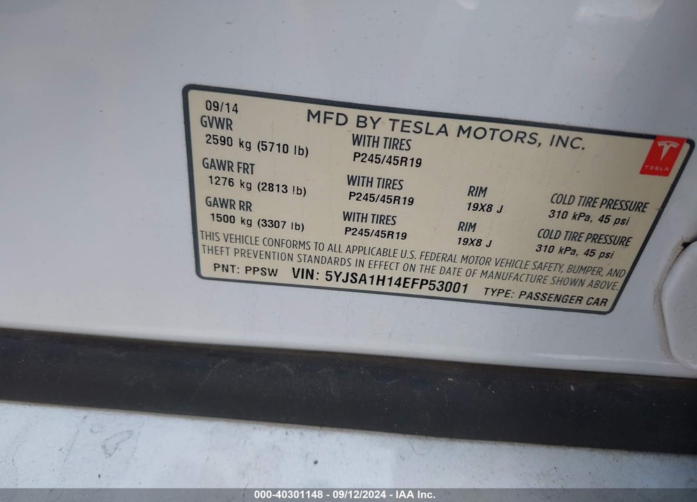 2014 TESLA MODEL S P85 VIN: 5YJSA1H14EFP53001