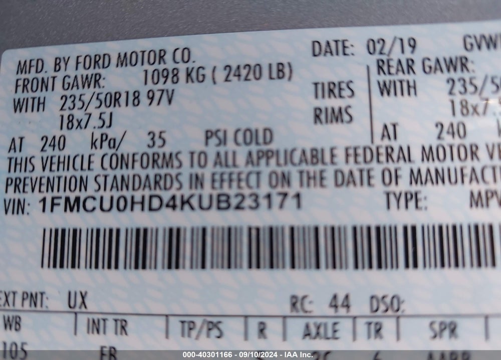 2019 FORD ESCAPE SEL VIN: 1FMCU0HD4KUB23171