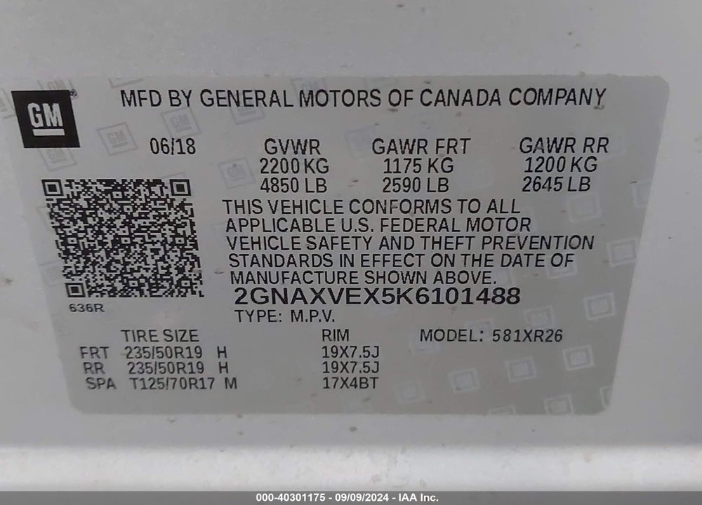 2019 CHEVROLET EQUINOX LT VIN: 2GNAXVEX5K6101488