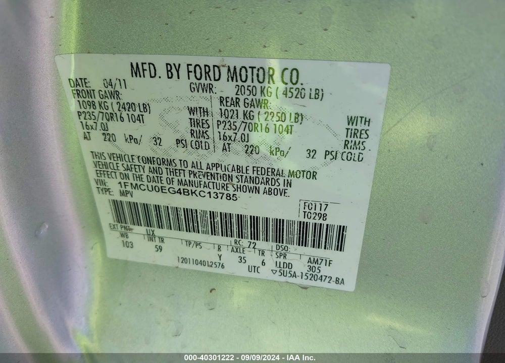 2011 FORD ESCAPE LIMITED VIN: 1FMCU0EG4BKC13785