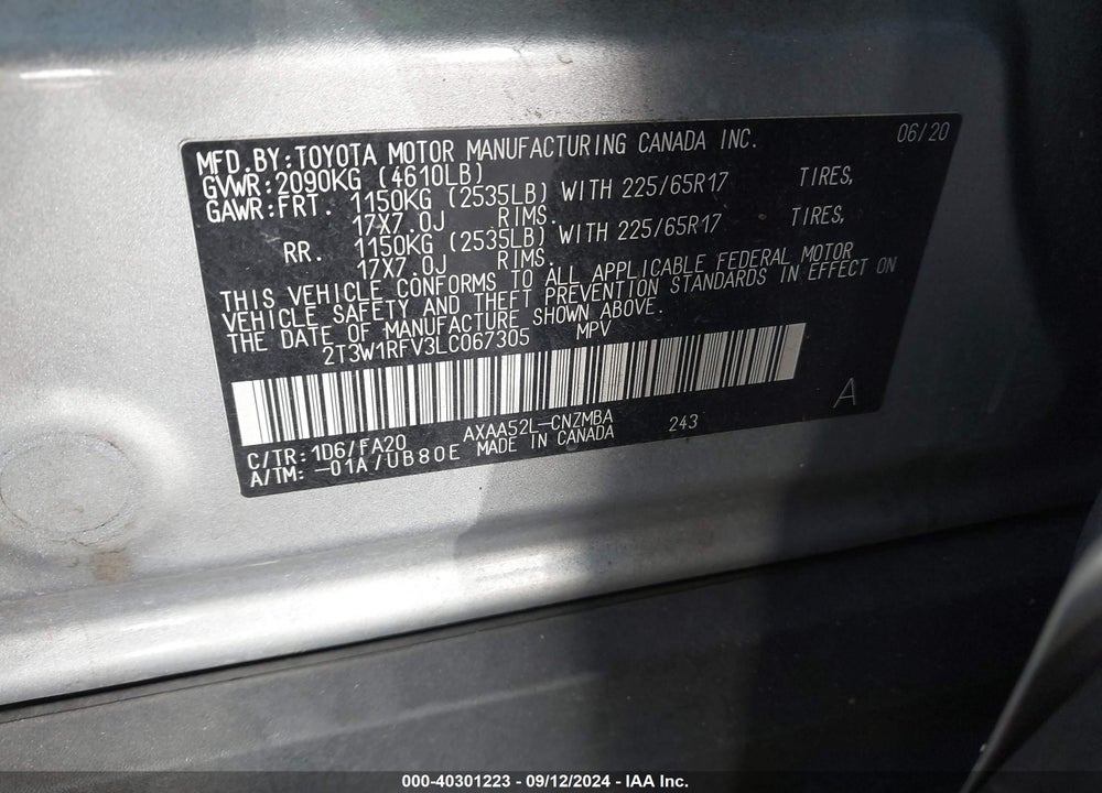 2020 TOYOTA RAV4 XLE VIN: 2T3W1RFV3LC067305
