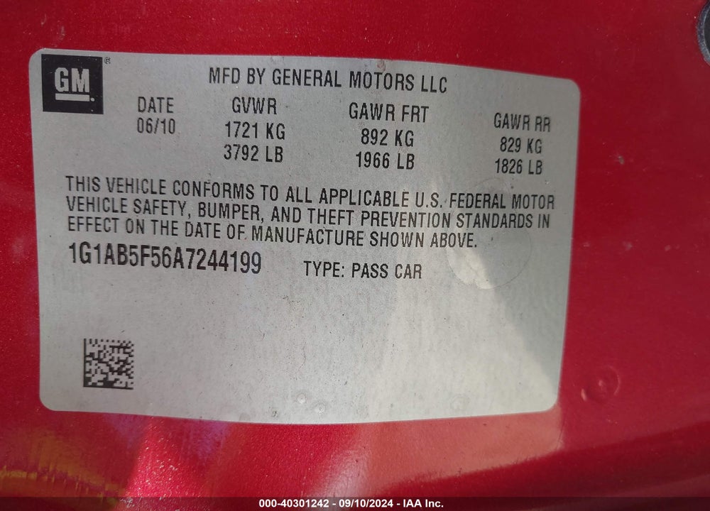 2010 CHEVROLET COBALT LS VIN: 1G1AB5F56A7244199