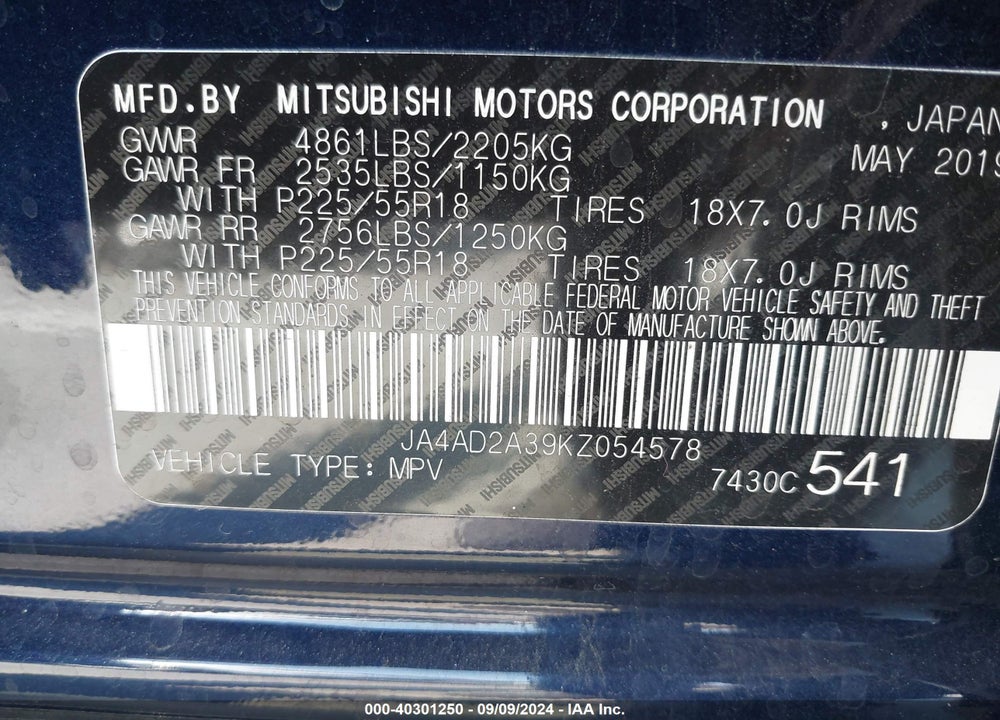 2019 MITSUBISHI OUTLANDER ES VIN: JA4AD2A39KZ054578
