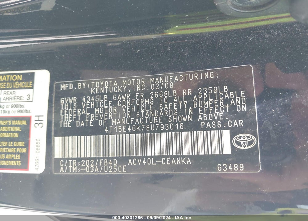 2009 TOYOTA CAMRY LE VIN: 4T1BE46K78U793016
