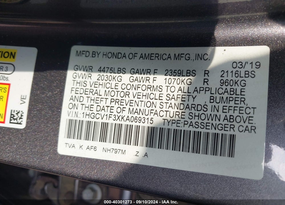 2019 HONDA ACCORD SPORT VIN: 1HGCV1F3XKA069315