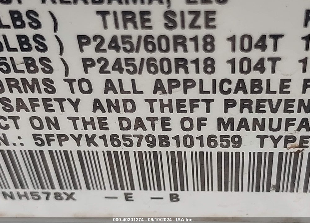 2009 HONDA RIDGELINE VIN: 5FPYK16579B101659