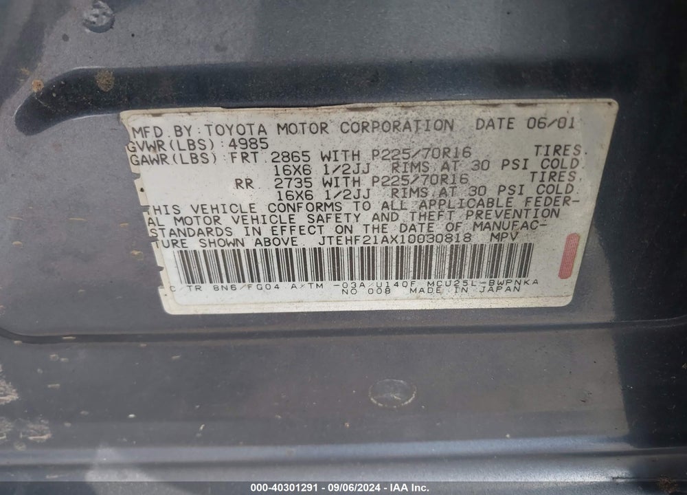 2001 TOYOTA HIGHLANDER V6 VIN: JTEHF21AX10030818