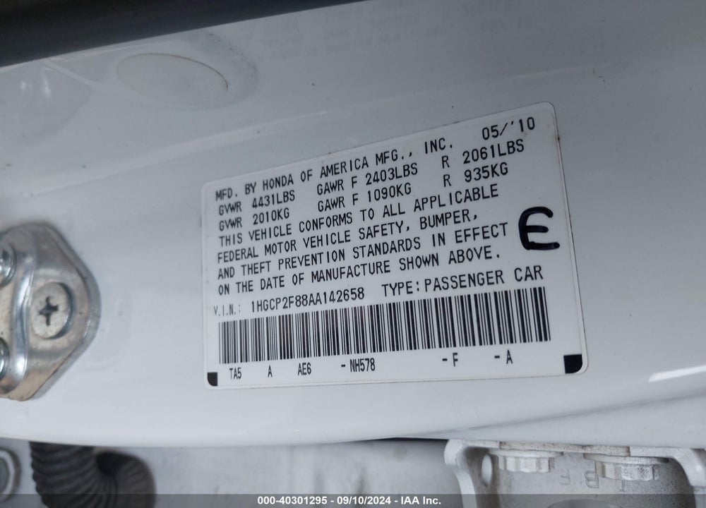 2010 HONDA ACCORD 2.4 EX-L VIN: 1HGCP2F88AA142658